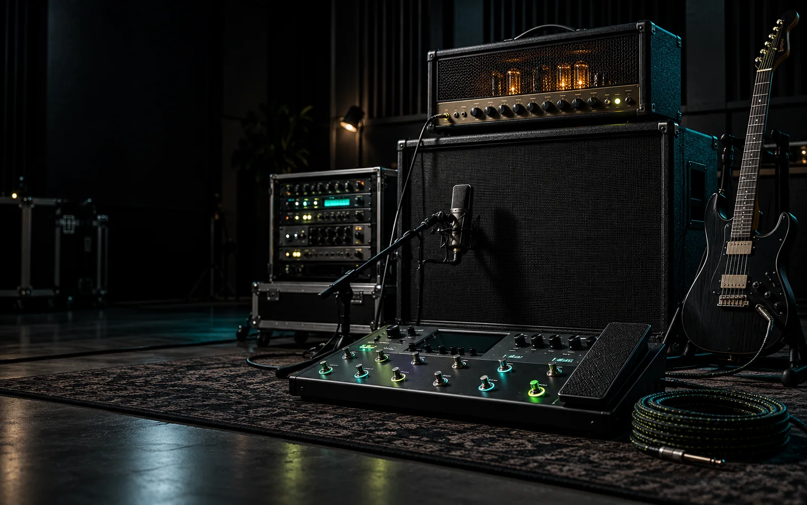 Rig de guitarra com amplificador, pedaleira e rack de áudio